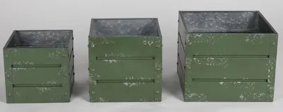 Three green decorative boxes of different sizes are arranged from left to right against a light gray background.