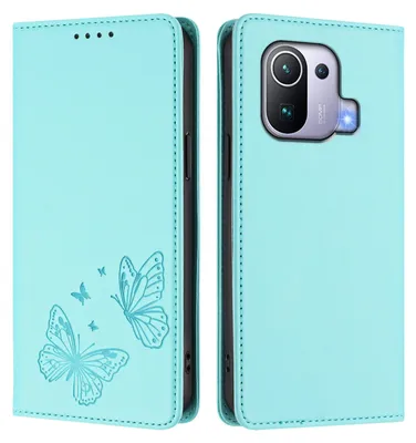 Obrázek produktu pro Kožené pouzdro pro Xiaomi Mi 11 Pro, motýlí ražbou, peněženkové flip pouzdro se stojánkem Mátově zelená