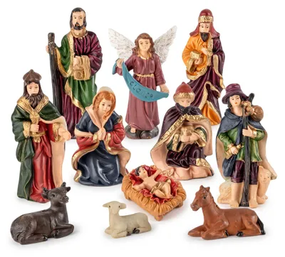 Obrázek produktu pro Sada vánočních figurek do betléma, 11 kusů, vyrobená z pryskyřice, výška 10 cm. Detailně ručně malované figurky do vánočního betléma