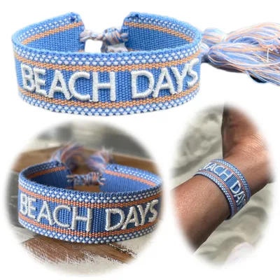 Produktbild von LS-LebenStil Canvas Statement Armband Beach Days Blau Weiß besticktes Stoffarmband gewebt textiles Quasten Spruch Boho Geschenk Freundschaftsarmband