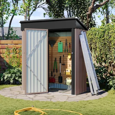 Obrázek produktu pro Zahradní domek, kovový, pozinkovaný, s ventilací a zámkem, hnědý, rozměry 5 x 3 stopy