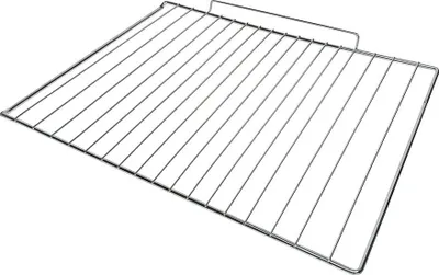 A silver metal grill rack for an oven, shown from a slightly elevated angle against a white background.