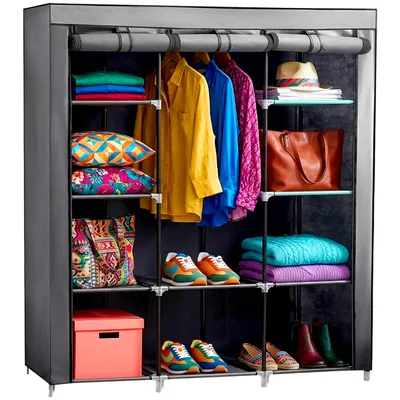 Produktbild von Faltschrank Kleiderschrank aus Stoff mit 2 Kleiderstangen und Ablagen 148x42x172,5 cm Schrank mit Reißverschluss Stoffschrank Faltbar Grau Retoo