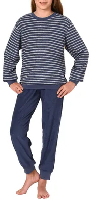 Produktbild von Mädchen langarm Frottee Schlafanzug Pyjama mit Bündchen in Streifenoptik ; navy , 128