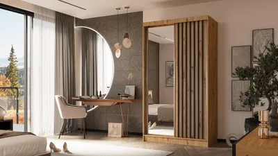 Produktbild von ALTDECOR Kleiderschrank mit Spiegel und Schiebetüren, kugelgelagerte Führungsschienen und Aluminium-Leisten - LAMELO - 120 cm - Artisan/Artisan/Schwarz