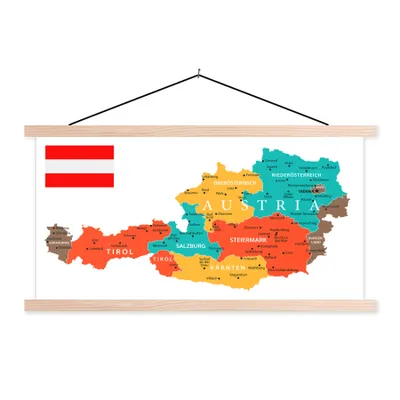 Produktbild von MuchoWow® Textilposter Bunte Karte von Österreich 60x30 cm mit holzfarbenen Rahmen - Dekoration