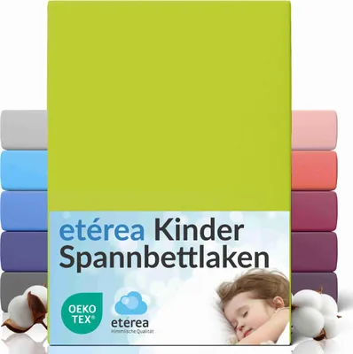A product image showcasing a stack of colorful fitted sheets, with a child sleeping peacefully in the foreground.