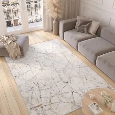 A modern living room with a sofa, rug, ottoman, and coffee table.