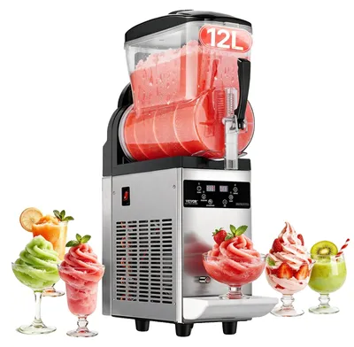 Productafbeelding van VEVOR commerciële slushmachine, 12 liter, enkele tank, voor bevroren dranken. Roestvrijstalen slushmachine met 48 bekers, voorzien van een elektronisch bedieningspaneel voor softijs