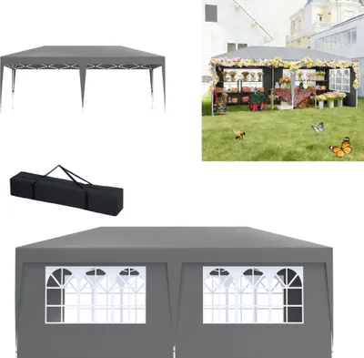 A collage of images showing a gray pop-up canopy tent, a black carrying bag, and a lifestyle image of a similar tent set up as a flower stall.