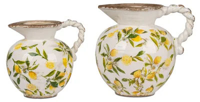 Produktbild von 2er Set Dekovasen Krug VINTAGE LEMON Zitronen 19 + 23cm weiß gelb Formano S25