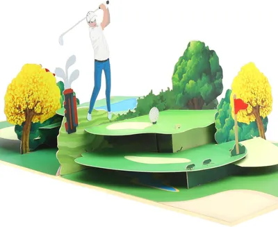 Imagen del producto de Tarjeta de felicitación pop-up con temática de golf, diseño en 3D de un campo de golf, incluye sobre y 2 postales, ideal para amantes del golf
