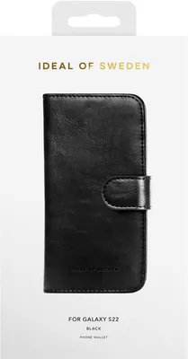 The image shows the packaging of a black phone wallet for a Samsung Galaxy S22.