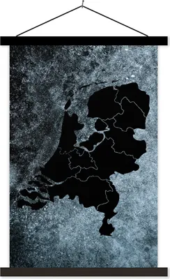 Produktbild von MuchoWow® Textilposter Karte - Niederlande - Grau 60x90 cm mit schwarzem Rahmen - Poster Wohnzimmer