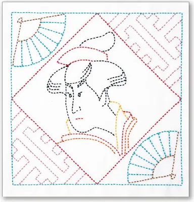 Produktbild von Olympus Sashiko Stickpackung "Hana Fukin Ukiyo-E Schönheit", Stoff bedruckt, 34x34cm, Original aus Japan