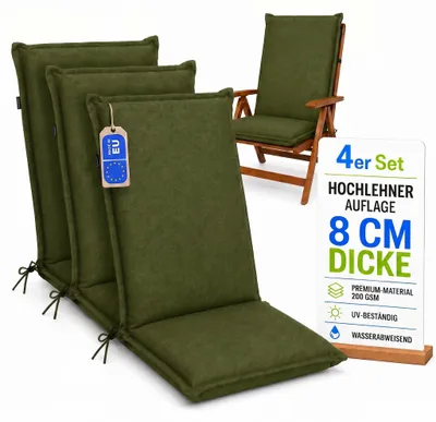 Produktbild von Pillows24 - 4x Hochlehner Auflagen 120x50x8 cm | Bequeme & Wetterfeste Gartenstuhlauflagen | Polster Sitzkissen für  Gartenmöbel |   EU | Grün