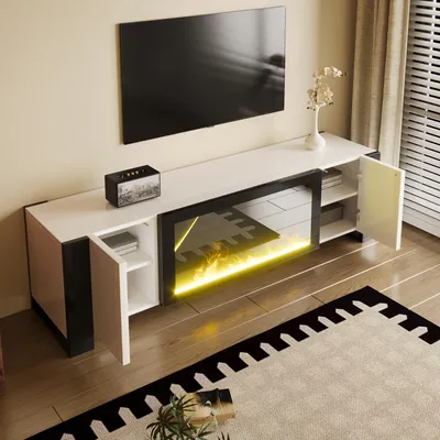 Image de OKWISH Meuble TV avec Fausse Cheminée et Effet Flamme LED, 2 Portes et Rangement Spacieux 165x32x55 cm, Blanc et Noir