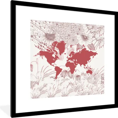 Produktbild von MuchoWow® MuchoWow® Gerahmtes Poster Weltkarte - Blume - Rosa 40x40 cm - Poster mit zchwarzem Bilderrahmen - Poster - Plakat im Rahmen