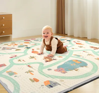 Produktbild von Krabbelmatte Baby 180x200 XXL, Faltbare Spielmatte 1cm Dick, Wasserdichte & Rutschfeste Baby Matte mit Tragetasche, Doppelseitige Design Spielmatte