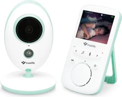 A baby monitor camera and its parent unit are displayed side-by-side against a white background.