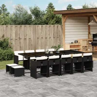 Produktbild von Design 15-tlg. Garten-Essgruppe mit Kissen Schwarz Poly Rattan, Gartenmöbel-Sets 2024 Neu