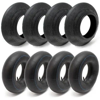 Obrázek produktu pro Sada pneumatik Wiltec 4x a 4x duše o rozměru 4.00-8, nosnost až 160 kg, s přímým ventilem TR13 pro trakaře, vozíky s pytli a e-koloběžky