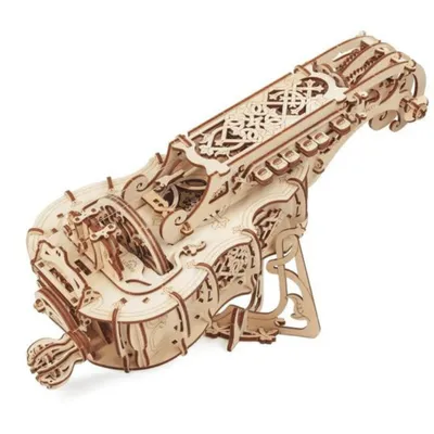 A wooden 3D puzzle of a musical instrument, possibly a hurdy-gurdy, is displayed on a white background.