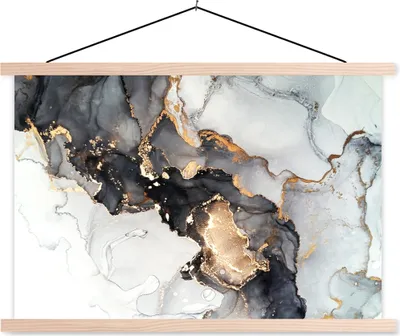 Produktbild von MuchoWow® Textilposter Marmor - Schwarz - Weiß - Gold - Luxus - Abstrakt 120x80 cm mit holzfarbenen Rahmen - Aufhängeset