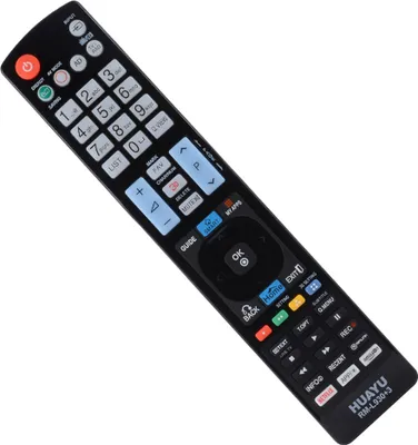 A black remote control is shown against a white background.