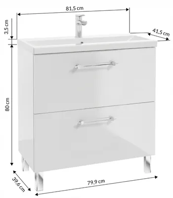 A white gloss bathroom vanity with a sink and faucet, shown with dimensions indicated by measurement lines and text.