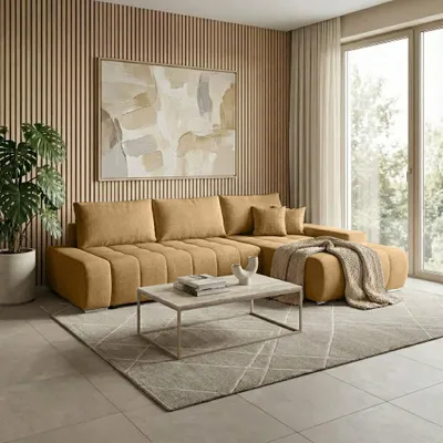 Produktbild von Beautysofa DRACO L Ecksofa mit Schlaffunktion & Bettkasten 267 cm - Schlafsofa, Bettsofa, Couch L-Form, Seitenausführung Rechts – Senfgelb Barrel 48