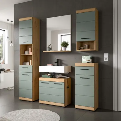 Produktbild von Badezimmer-Set 5-teilig in Artisan Eiche mit Salbei, mit Spiegel - SIROCO-158