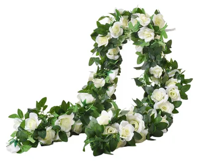 Produktbild von 220 cm lange künstliche Rosengirlande mit 16 Blütenköpfen, UV-beständig, realistische Kunstblumen aus Rattan, ideal als hängende Dekoration für Hochzeiten und Partys.