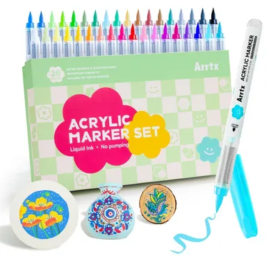 Image de Stylos marqueurs acryliques, pointe pinceau, 36 couleurs, résistants à l'eau, pour pierre, verre, bois, céramique, travaux manuels et projets DIY