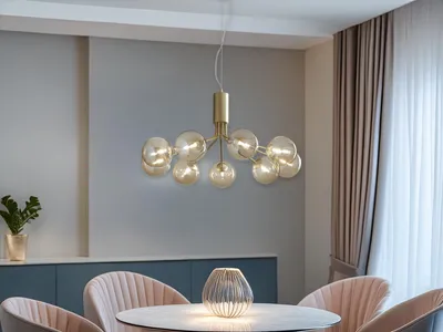 Produktbild von LED Pendellampe mehrflammig Gold mit Glaskugeln Bernsteinfarben EsstischLampen