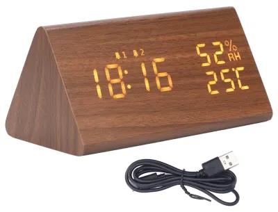 Produktbild von LED-Digitalwecker, Mehrzweck-Holzwecker mit Sprachsteuerung, Luftfeuchtigkeit, Temperatur, Wochenzeitanzeige, braunes Holz