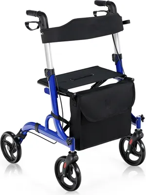 Produktbild von Rollator faltbar Leichtgewicht, bis 150 kg, Gehhilfe 6-Fach höhenverstellbar, Rollstuhl mit Stockhalter & Tasche, Aluminium (Blau)