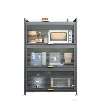 A gray kitchen cabinet with glass doors, displaying various kitchen appliances and containers.