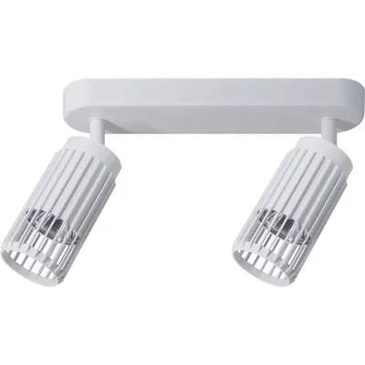A white ceiling light with two adjustable spotlights.