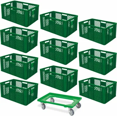 A collection of green plastic crates and a green dolly with wheels, arranged on a white background.