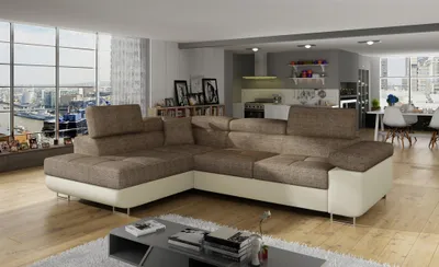 Productafbeelding van Eckbank met slaapfunctie, model SARRA, gestoffeerd met zachte stof, kleur: beige (lichtbeige), met een losse ottoman aan de linkerkant
