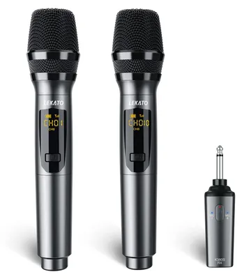 Image de Ensemble de microphones sans fil 2,4 GHz, double microphone en métal, autonomie de 30 heures, idéal pour le karaoké et les fêtes