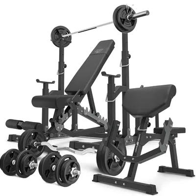 Produktbild von Marbo Sport - Set MS5_2.0_113KG | Doppelseitige Bank + verstellbare Ständer + Scott Bank - mit höhenverstellbaren Armpolster + Stangen- und Hantelscheiben Set 113 kg