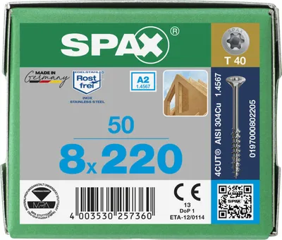 Productafbeelding van SPAX® 0197000802205 SPAX® Universalschrauben T40 Senkkopf Edelstahl A2 0197000802205 8 mm x 220 mm, 50 St.