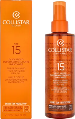 Produktbild von Collistar Supertanning Dry Oil SPF15, Sonnenschutzöl, Body + Face + Hair, Flasche, Feuchtigkeitsspendend, Nährend, Schutz, 200 ml, Erwachsene