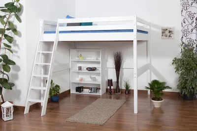 Produktbild von Kinderbett Hochbett Christoph Buche Vollholz massiv weiß lackiert inkl. Rollrost - 140 x 200 cm