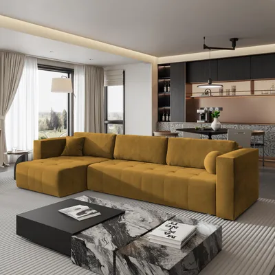 Produktbild von Masseno Ecksofa OLVERA mit Schlaffunktion L-Form, Sofa mit Bettkasten, Wohnzimmersofa, Couch, Soffa, Bettsofa, Couchgarnitur- Gelb, KRONOS 01
