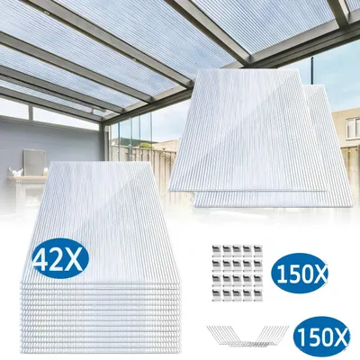 Image de Plaques alvéolaires en polycarbonate de 42x4 mm, avec 100 clips en acier inoxydable pour serre, transparentes, avec profilés alvéolaires, résistantes aux UV, pour serres et abris de voiture