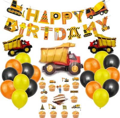 Produktbild von Vivi Idee Baustelle LKW Luftballon Set Partydeko mit Banner und Mufin Aufsteck für Geburstag Mottoparty
