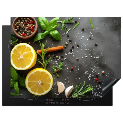 Obrázek produktu pro KitchenYeah® Kryt varné desky citron - bylinky - betonový vzhled, 71x52cm, dekorace do kuchyně, keramický kryt varné desky, krycí deska na varnou desku